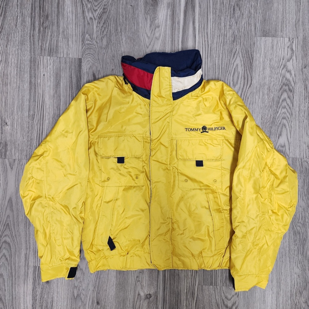 Vintage Y2k Tommy Hilfiger Jacket Mens XL Yellow Flag w Hood Full Zip Utility